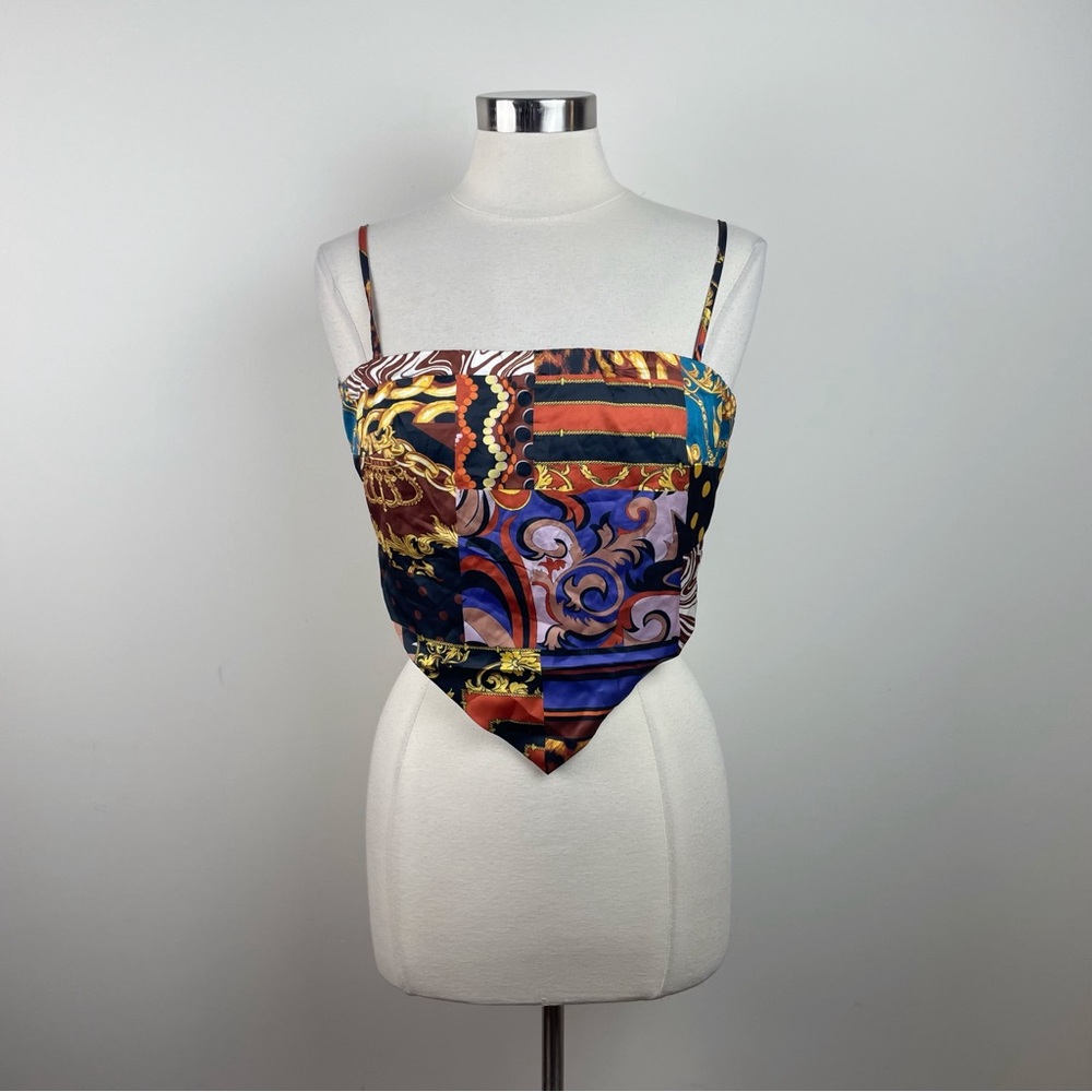 Papaya Black Gold Orange Paisley Geometric Bandeau Crop Top Women Large